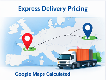 Rută de livrare express pe harta Europei cu camion de marfă și preț de transport calculat prin Google Maps